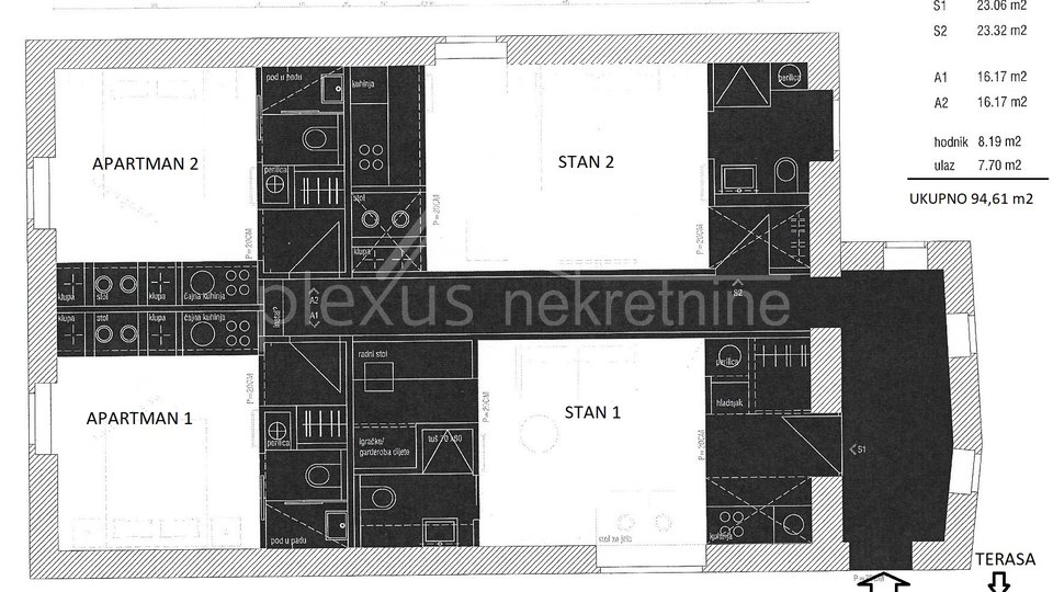 Stan s 4 apartmana s terasom: Split, Varoš, 101 m2